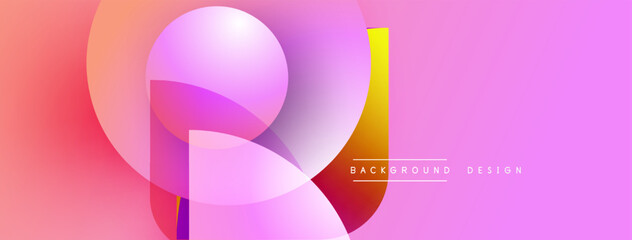 Abstract shapes overlap, creating vibrant pink, purple hues. Modern design features smooth gradients, simple text elements.