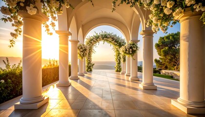 Romantic Sunset Wedding Ceremony Archway Elegant White Columns and Floral Decor