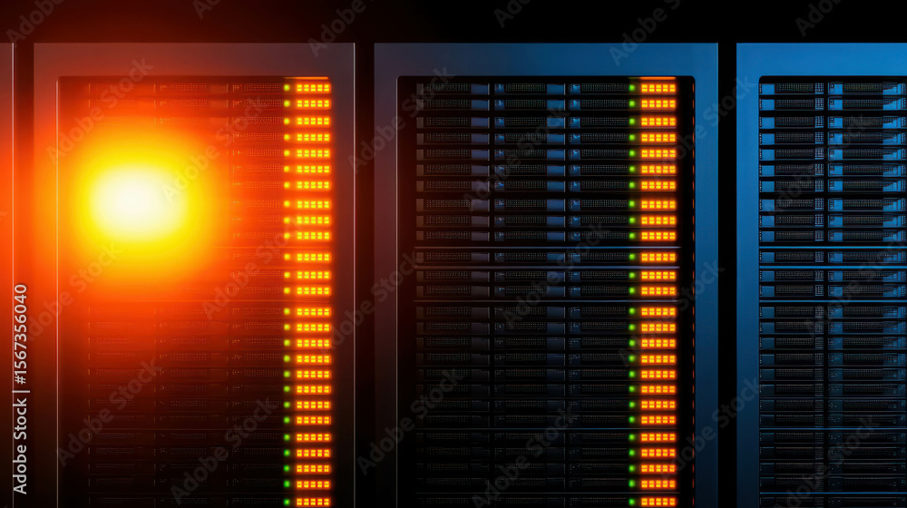 Poster bright digital display on server rack showcasing vibrant lights with a dark background for technolog
