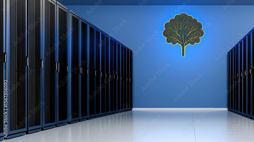 Poster modern data center interior view with server racks and artistic tree design on wall for technology a