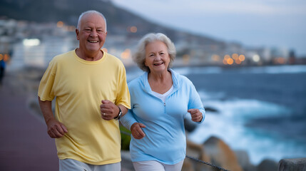 Elderly couple jogging at sunrise on a scenic trail