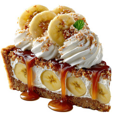 Delicious banoffee tart slice with cream and fresh banana for popular dessert, isolated on white and transparent background