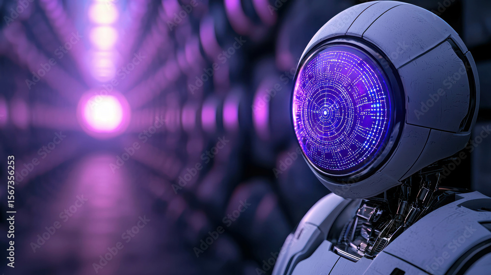 Poster futuristic robot with glowing purple interface standing in a high-tech corridor illuminated by vibra
