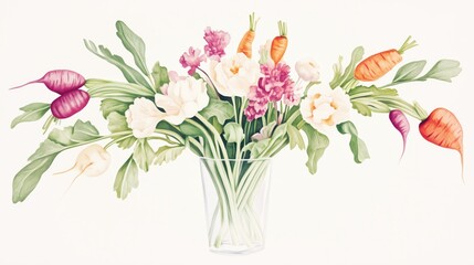 A whical watercolor bouquet featu white and pink flowers along with colorful orange and purple carrots and radishes in a clear glass vase