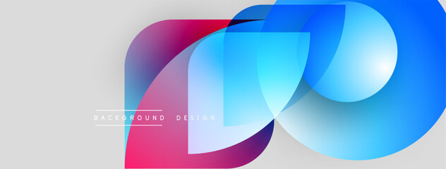Abstract shapes overlap, creating vibrant color gradients. Pink, blue hues dominate design, simple text below. Modern, clean aesthetic.