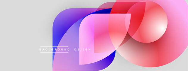Abstract shapes overlap, creating vibrant color gradients. Modern design elements suggest fluidity, energy, innovation. Background is light gray.