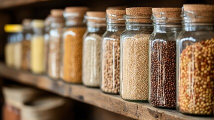 Labeled glass jars filled with grains and legumes on wooden shelf, soft morning light