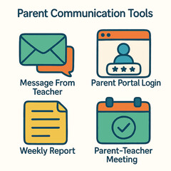 Illustration showcasing parent communication tools, including email, portal login, report, and meeting icons.