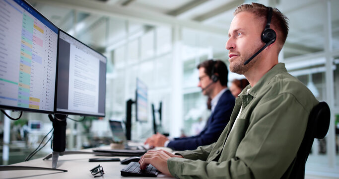 Happy Man And Woman Wearing Headsets Assist Clients Remotely Efficient Office