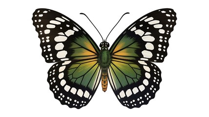 Beautiful green and black butterfly with white spots on wings isolated on white
