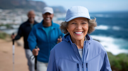 Elderly friends enjoying Nordic walking in matching outdoor gear