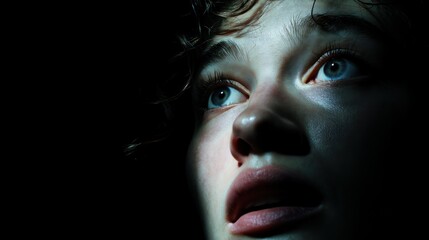 Fototapeta premium Portrait of a young woman set in total darkness.