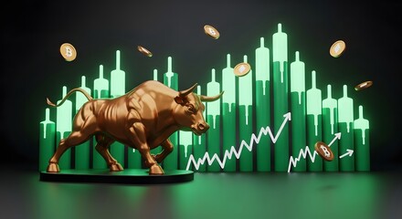 Golden Bull Charging with Green Candlestick Chart and Coins