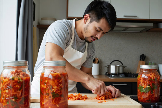 Healthy homemade fermented vegetables in glass jars with man preparing fresh kimchi in modern kitchen showcasing traditional preservation methods and probiotic foods