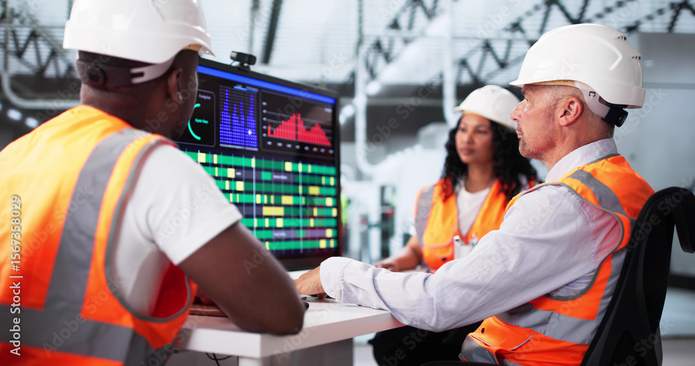 Poster young engineers learning scada software for automation at construction plant