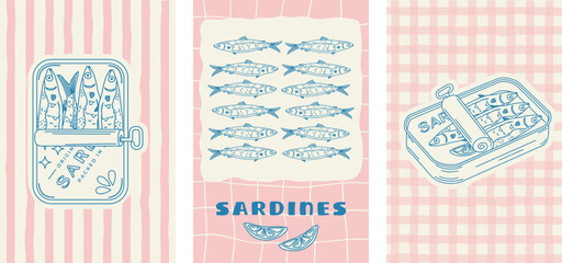 Italian sketch. Retro-style illustration featuring sardines. International illustration depicting Mediterranean sardines in a metal tin and on a plate with a lemon