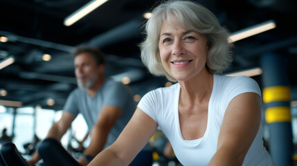 Fototapeta premium Determined older woman engaged in spinning class workout