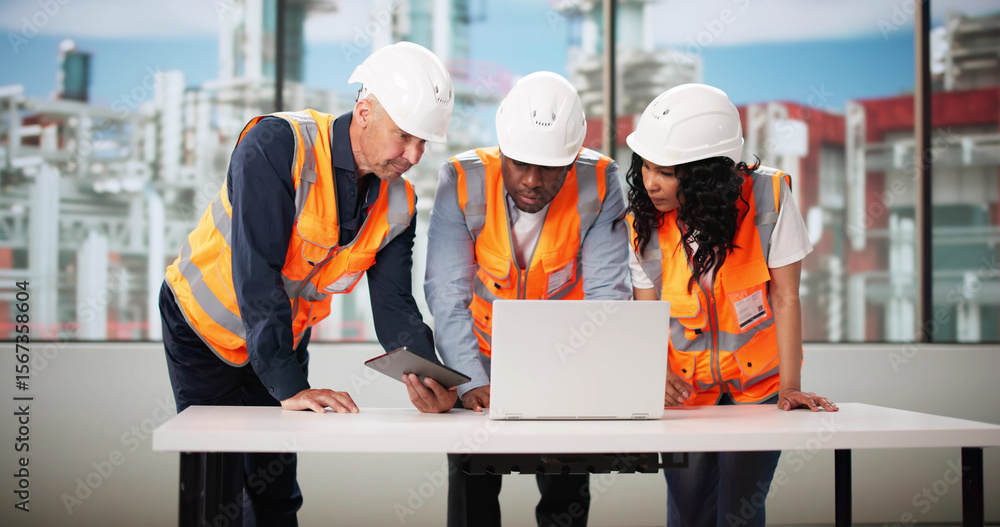 Poster diverse group of industrial engineers using laptops