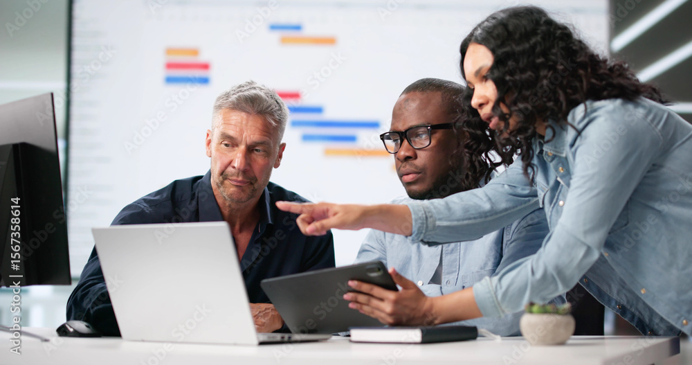 Poster diverse corporate team using gantt and kanban boards for project management