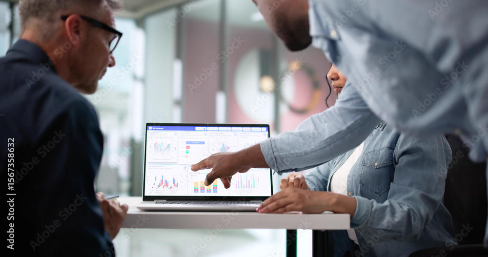 Poster predictive analytics meeting: diverse team analyzing market performance