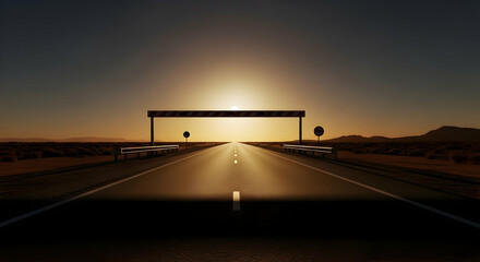 Obraz premium Endless Road At Dusk With a Barrier Structure Against Golden Sky Background