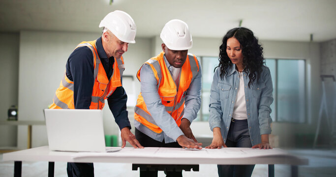 Engineers Inspecting Blueprint Of House Remodel With Client