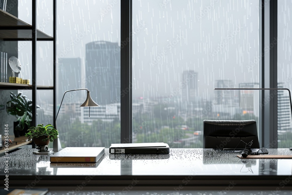 Poster an office desk positioned by a large window with raindrops and an overcast sky