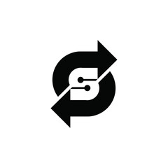 Double s tech symbol featuring dual arrows and negative space design, representing interconnected data flow and synchronization system icon.