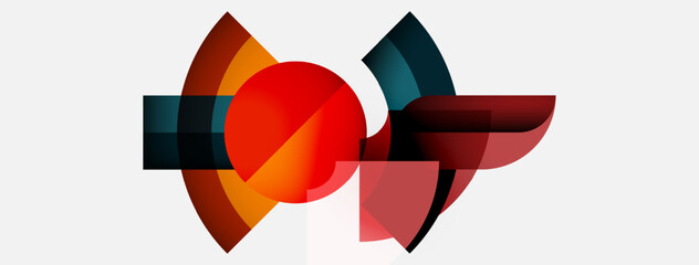 Obraz premium Abstract geometric shapes overlap, creating dynamic composition. Red sphere dominates center, surrounded by curved forms. Minimalist design.