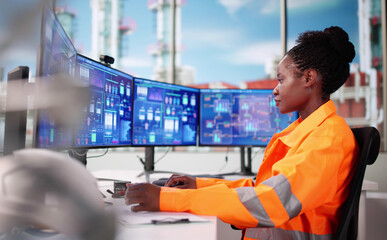 Young African American Female Engineer Analyzing Oil Production