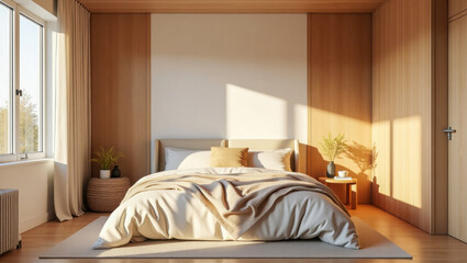 Sunlit modern bedroom with warm wooden walls, a cozy beige bed, and minimalist decor, featuring soft blankets and potted plants near the window and bedside table.