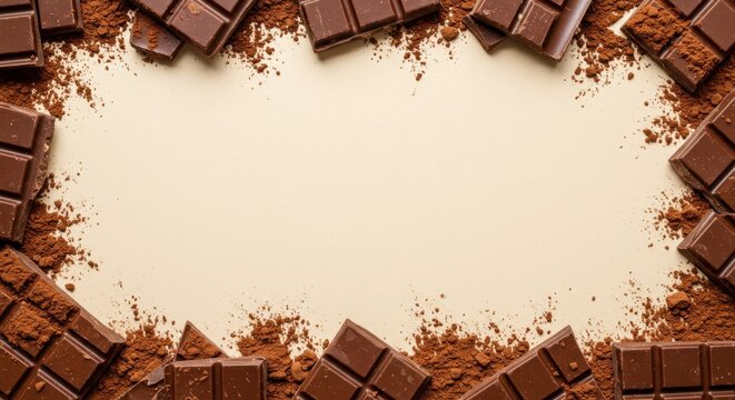 Broken chocolate bars and cocoa powder on a neutral background for World Chocolate Day