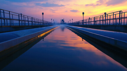Obraz premium Serene Sunset Over Water Treatment Facility Amidst Reddish Blue Sky and Reflective Water Surface Showcasing Industrial Landscape and Nature Harmony