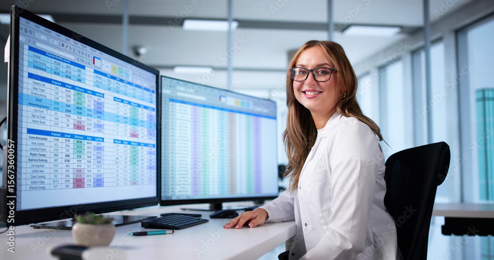 Poster doctor reviews medical billing and coding spreadsheet on computer monitor