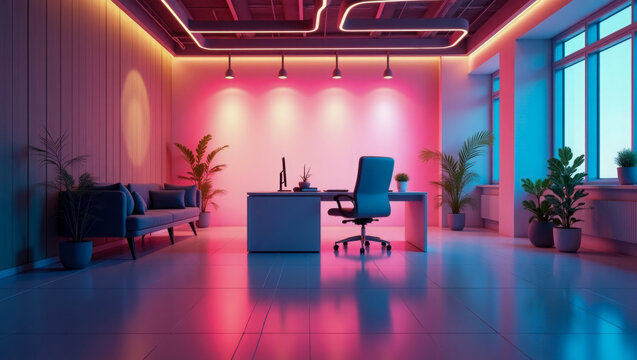Futuristic office with vibrant pink and blue neon lighting, sleek desk setup, ergonomic chair, modern decor, indoor plants, and large windows creating a high-tech yet cozy workspace vibe.