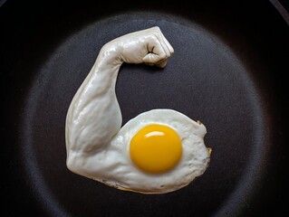A creative fried egg with the egg white shaped like a strong muscular arm, symbolizing protein power, health, and nutrition with a humorous twist.
