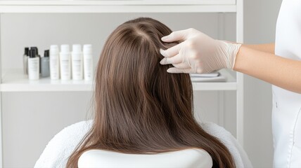 Fototapeta premium Trichologist or Dermatologist Examining Woman's Scalp and Hair Health in Clinic Hair care Scalp care