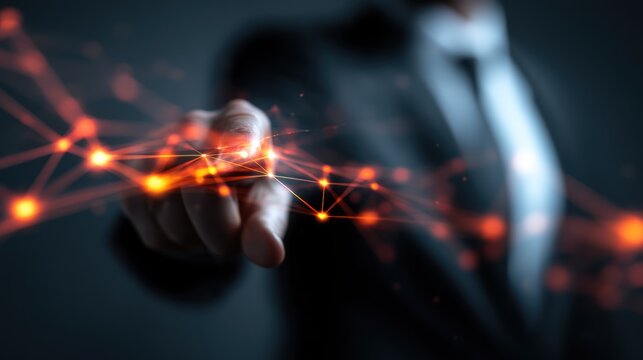 businessman in a modern suit standing against an abstract, futuristic background.