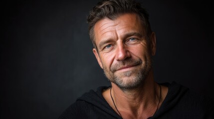 Fototapeta premium man in a relaxed yet confident stance, his slight smile offering quiet friendliness.