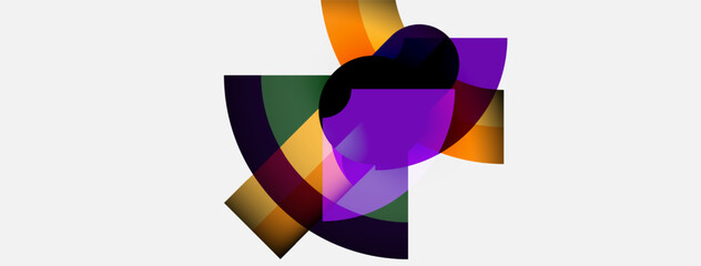 Abstract shapes overlap, creating vibrant color blends. Purple dominates, accented by orange, green, yellow hues. Modern design.