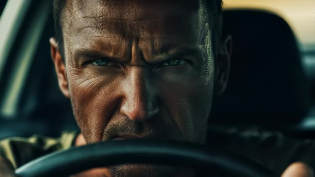 The driver firmly grips the steering wheel with firm and decisive eyes