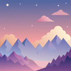 Dreamy Pastel Mountain Landscape with Stars and Colorful Sky – Vector Illustration