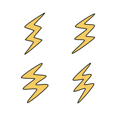 Set of yellow lightning bolt electric icon shape.