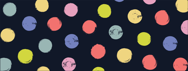 Fun Colorful seamless polka dot pattern. Brush drawn multi colored circles. Funky abstract simple background with dots. Simple childish party backdrop. 