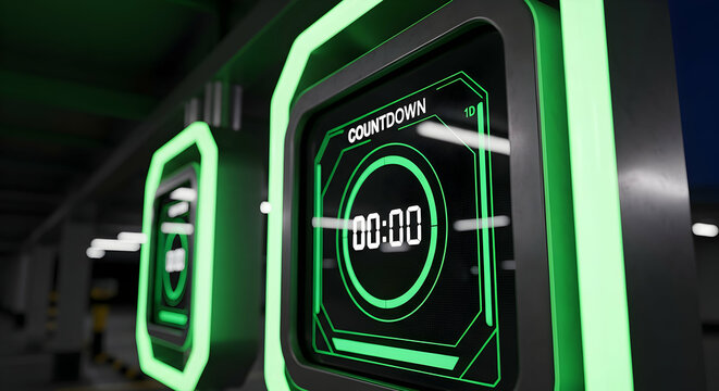Neon Countdown Panels In Futuristic Setting Technology Showcases Time Sensitive Data - Powered by Adobe