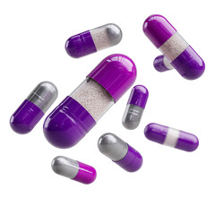 pills isolated on white.Several purple and silver capsules are floating against a black background. Some capsules are filled with white granules. This image features a transparent background, making i