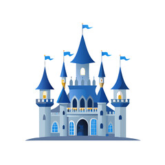 Fototapeta premium Fairytale Castle Vector Illustration | Blue Fantasy Palace Clipart | Magical Kingdom Tower Design | Royal Dream Fortress Art for Storybook Themes