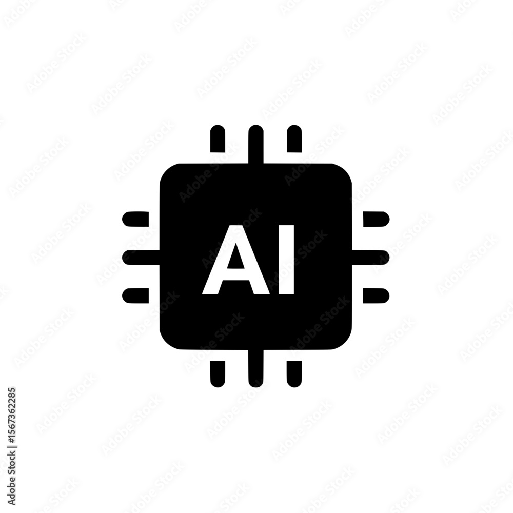 Poster flat design ai chip icon with black rectangular body and vertical lines resembling connections