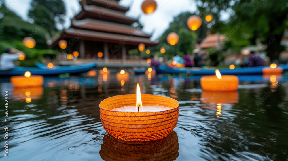 Poster illuminated floating candles on a serene water surface by a temple at dusk with lanterns glowing in 