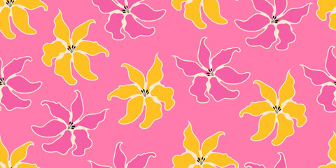Batik hand drawn flowers, seamless patterns with floral for fabric, textiles, clothing, wallpaper, wall art, cover, banner, home decor, abstract backgrounds.